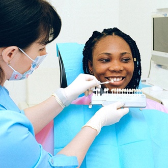 Dentist using shade guide